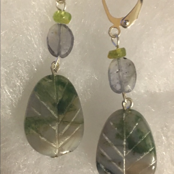 Moss Agate Leaf Earrings - Picture 2 of 6